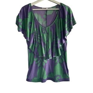 Walter 100% Silk Abstract Flutter Sleeve Top Purple Green Ikat Artsy Boho Size M
